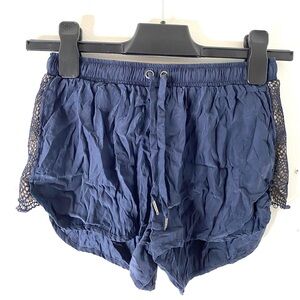 David Lerner Silk Navy Blue Crochet Lace Detail Shorts with Mesh Sides